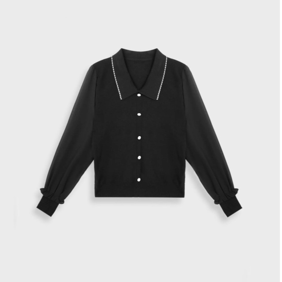 J.ING Malika Vintage-Inspired Black Collared Cardigan with Sheer Sleeves - Picture 2 of 11